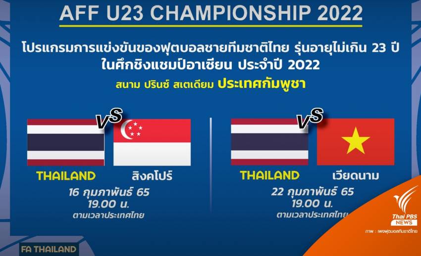 ไทย ประเดิมสนาม พบ สิงคโปร์ ศึกฟุตบอลชิงแชมป์อาเซียน U23 ที่ กัมพูชา