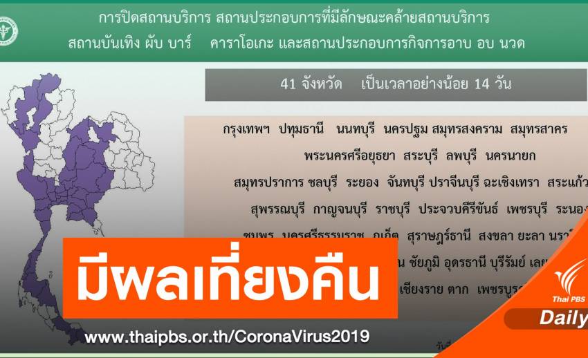 ศบค.สั่งปิด "สถานบริการ -ผับ -อาบอบนวด" 41 จังหวัด 14 วัน มีผลเที่ยงคืนนี้