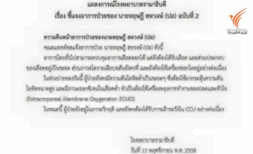 ร.พ.รามาฯแถลงอาการ"ปอ ทฤษฎี"ฉบับที่ 2 ยังวิกฤต-ความดันต่ำ-ต้องเฝ้าระวังในCCU