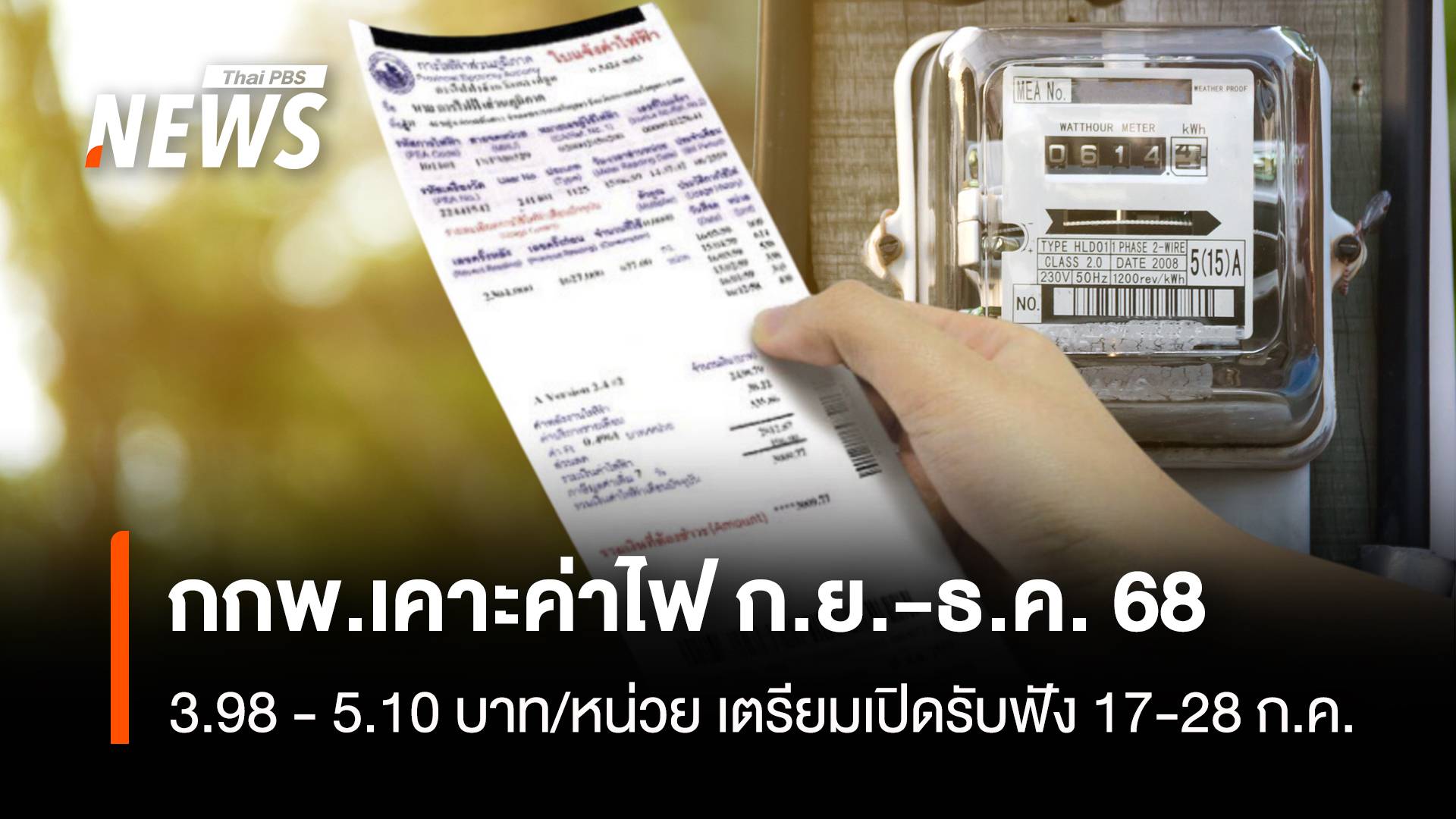 กกพ.เคาะค่าไฟงวด ก.ย.-ธ.ค. ที่ 3.98 - 5.10 บาท/หน่วย เตรียมเปิดรับฟัง 17-28 ก.ค.