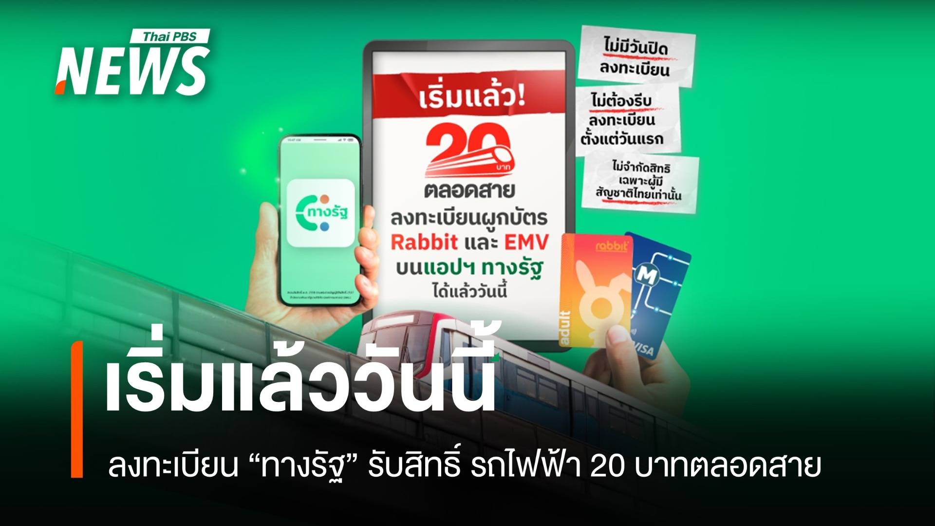 เริ่มวันนี้! ลงทะเบียนผ่าน "ทางรัฐ" รับสิทธิ์รถไฟฟ้า 20 บาทตลอดสาย