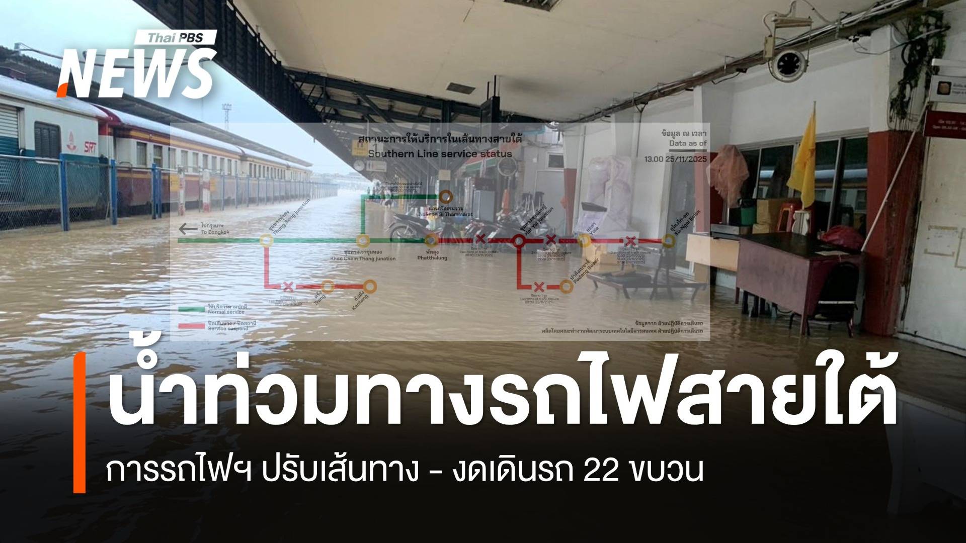 น้ำท่วมทางรถไฟสายใต้ รฟท.แจ้งเปลี่ยนสถานีต้นทาง-ปลายทาง และงดเดินรถ 22 ขบวน