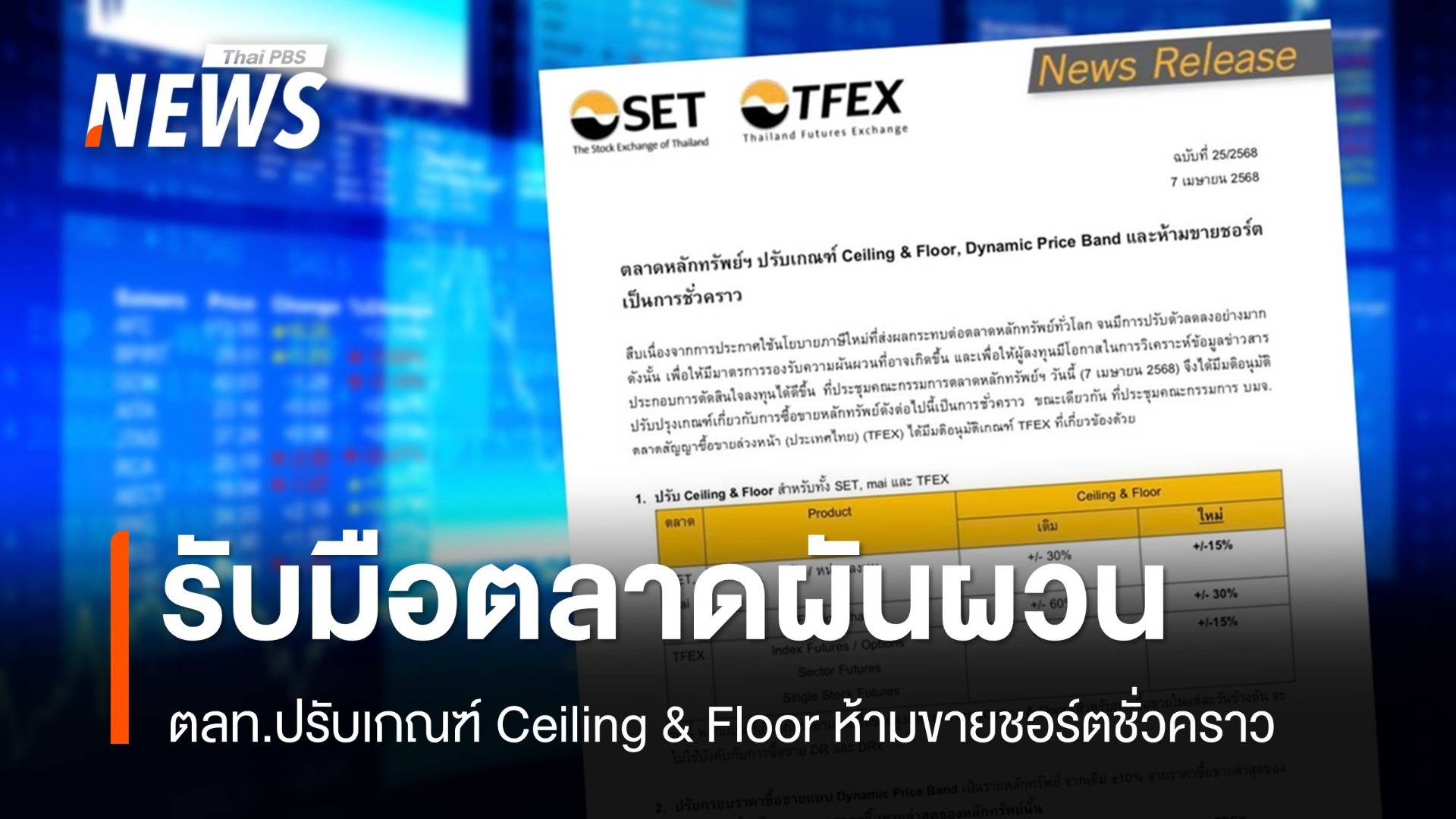 ตลท.ปรับเกณฑ์ Ceiling & Floor ห้ามขายชอร์ต ชั่วคราว