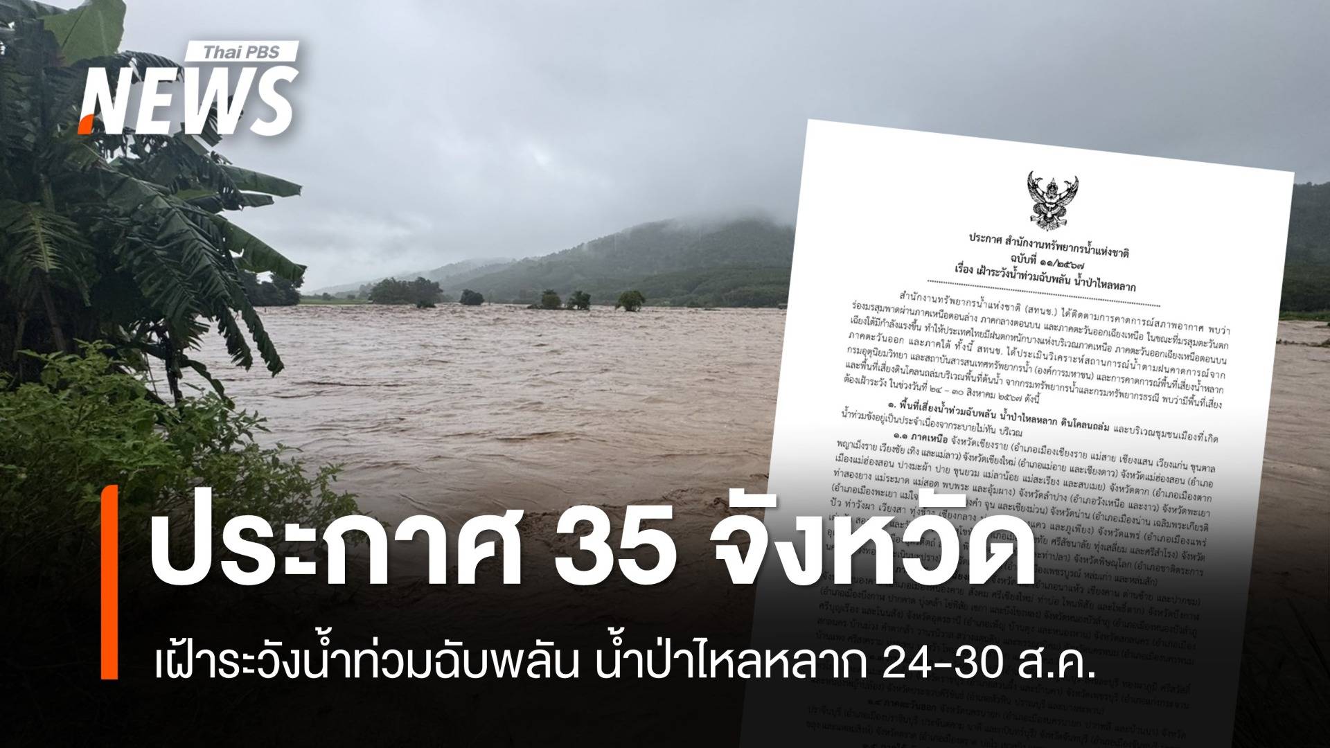 สทนช.ประกาศ 35 จว.เฝ้าระวังน้ำท่วมฉับพลัน น้ำป่า 24-30 ส.ค.