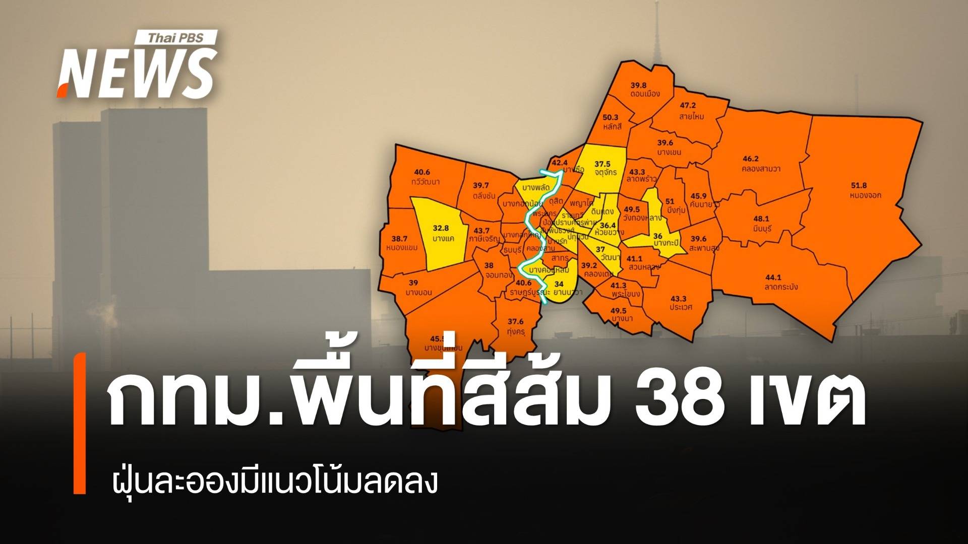 เช้าวันนี้ ค่าฝุ่น กทม.พื้นที่สีส้ม 38 เขต - ไร้พื้นที่สีแดง