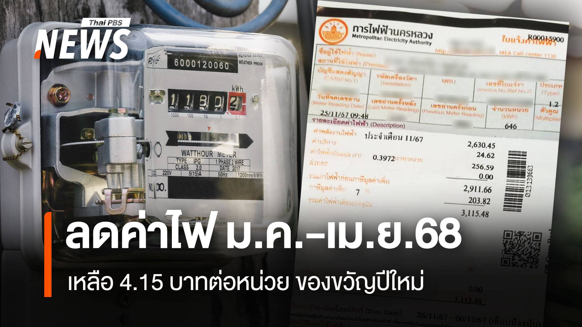 ของขวัญปีใหม่! ลดค่าไฟเหลือ 4.15 บาทต่อหน่วย 4 งวดปี 68