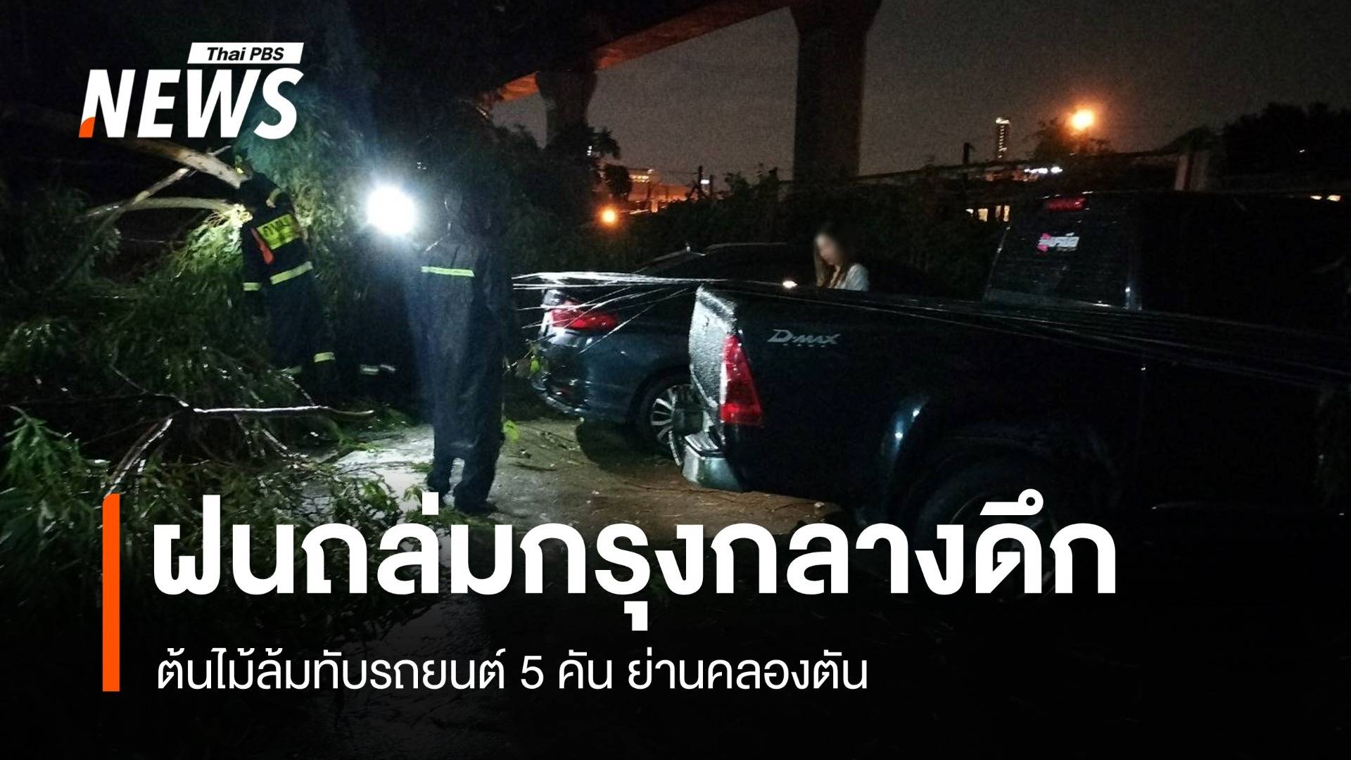 ฝนถล่มกรุงกลางดึก ต้นไม้ล้มทับรถยนต์ 5 คัน ย่านคลองตัน 