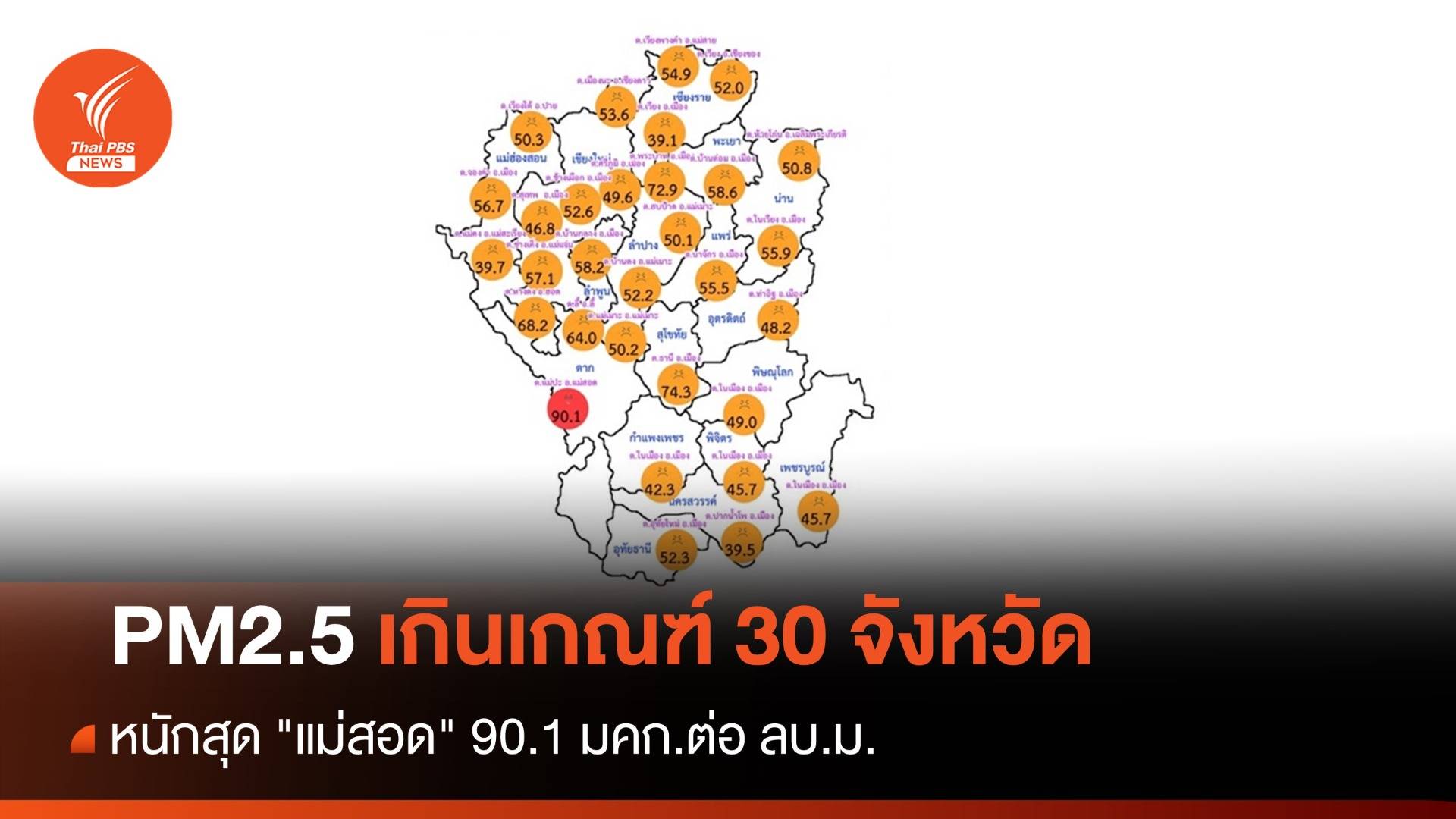 PM2.5 เกินเกณฑ์ 30 จังหวัด หนักสุด "แม่สอด" 90.1 มคก.ต่อ ลบ.ม.