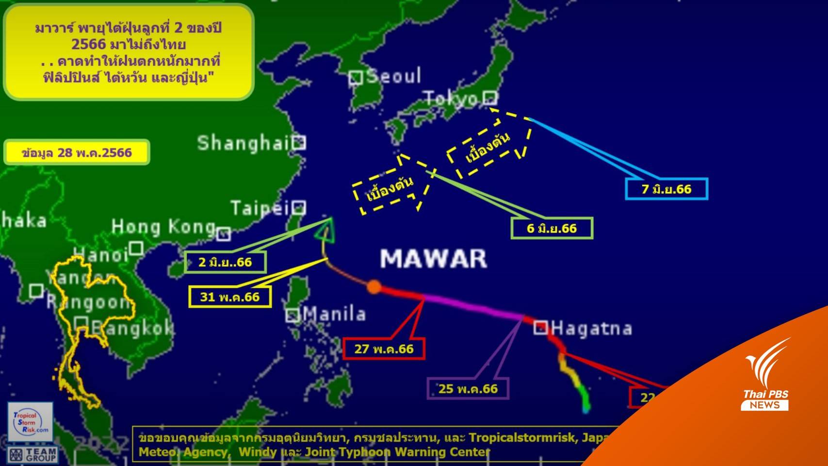 เส้นทางพายุไต้ฝุ่น "มาวาร์" ล่าสุด มาไม่ถึงไทย ทำฝนตกหนักฟิลิปปินส์-ไต้หวัน-ญี่ปุ่น
