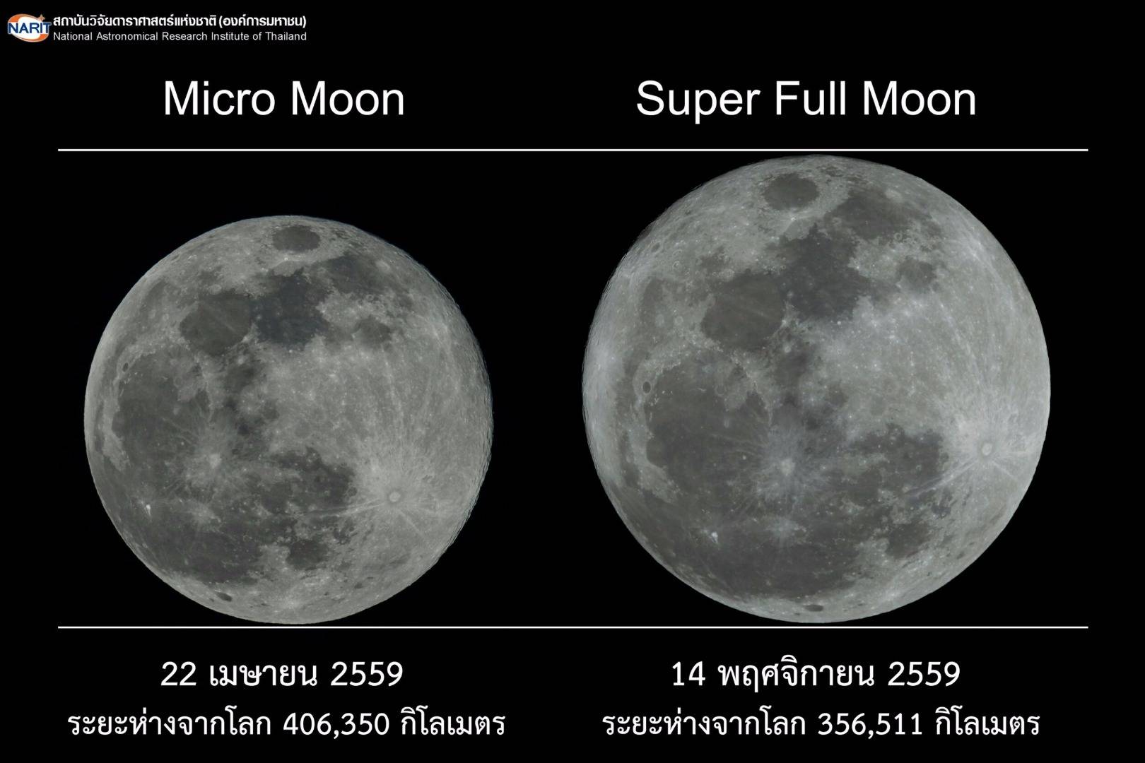 ภาพเปรียบเทียบขนาดปรากฏของดวงจันทร์เต็มดวงใกล้-ไกลโลกที่สุดในรอบปี 2559