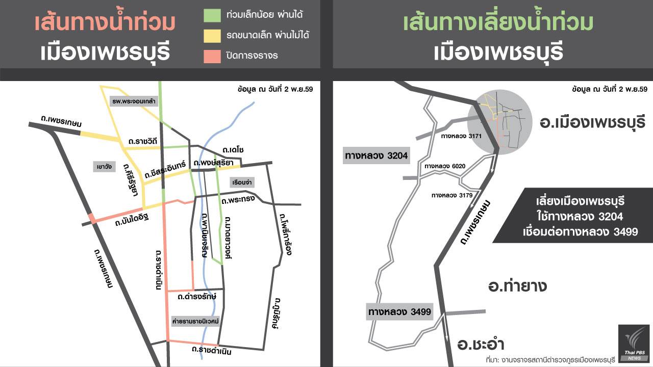 แนะประชาชนเลี่ยงเส้นทางน้ำท่วมในเพชรบุรี -กรมชล ระดมเครื่องสูบน้ำระบายน้ำขังชุมชน