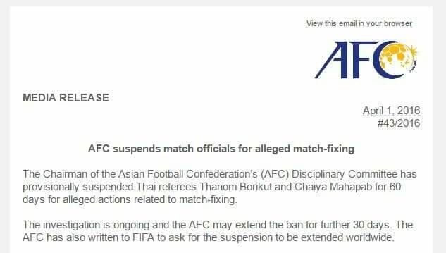 AFC สั่งแบน "ถนอม-ชัยยะ" เพื่อสอบสวนคดีล็อคผลการแข่งขัน