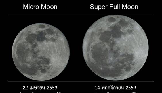 ภาพเปรียบเทียบขนาดปรากฏของดวงจันทร์เต็มดวงใกล้-ไกลโลกที่สุดในรอบปี 2559