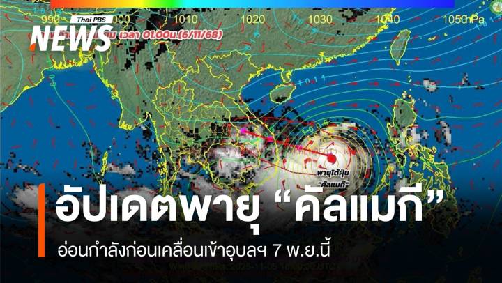 "คัลแมกี" อ่อนกำลังก่อนเคลื่อนเข้าอุบลฯ 7 พ.ย. ไทยตอนบนฝนตกหนัก