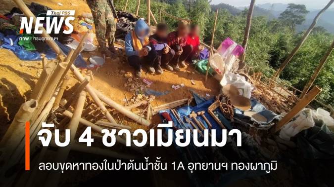 จับชาวเมียนมา 4 คน ลอบขุดหาทองในป่าต้นน้ำชั้น 1A อช.ทองผาภูมิ