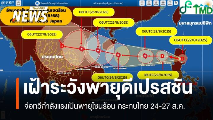 เฝ้าระวัง "พายุดีเปรสชัน" จ่อทวีกำลังแรงกระทบไทย 24-27 ส.ค.