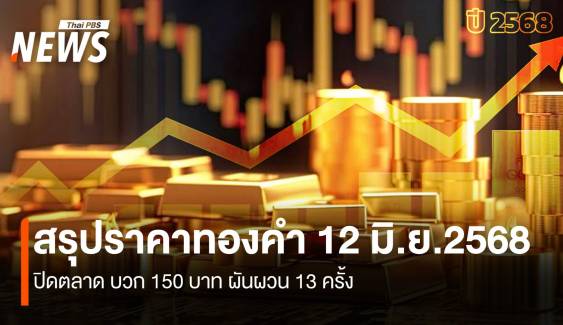 สรุปราคาทองคำ 12 มิ.ย.2568  ปิดตลาด + 150  ผันผวน 13 ครั้ง