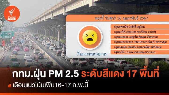 กทม.ฝุ่นพิษระดับสีแดง 17 พท.เตือนแนวโน้มเพิ่ม 16-17 ก.พ.นี้ 