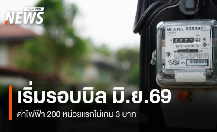 เริ่มรอบบิล มิ.ย.69 ค่าไฟฟ้า 200 หน่วยแรกไม่เกิน 3 บาท