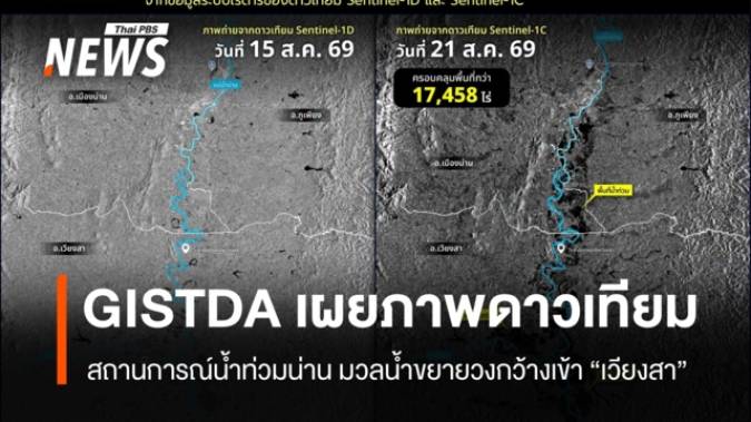 GISTDA เปิดภาพดาวเทียม เทียบน้ำท่วมน่าน 15-21 ส.ค. กระทบกว่า 17,458 ไร่