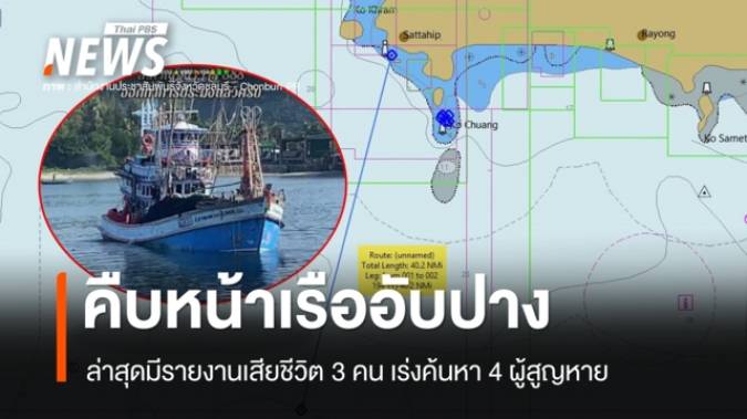 คืบหน้าเหตุเรือจมทะเล จ.ชลบุรี  ล่าสุด มีรายงานเสียชีวิต 3 คน เร่งค้นหา 4 ผู้สูญหาย  