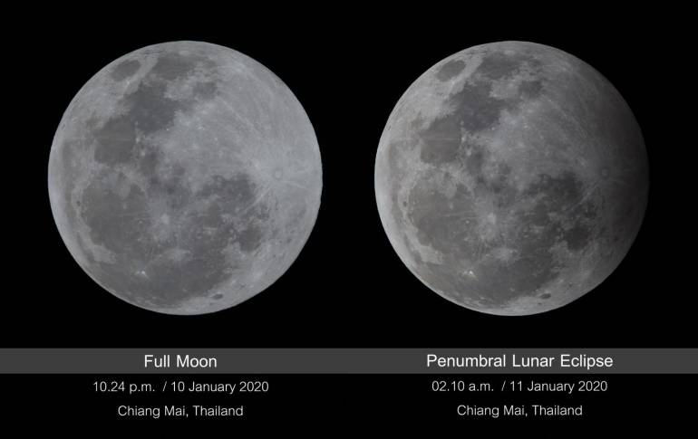 ภาพเปรียบเทียบดวงจันทร์เต็มดวงก่อนเกิดปรากฏกาณณ์ กับช่วงที่ดวงจันทร์ถูกบังมากที่สุด ในวันที่ 11 มกราคม 2563