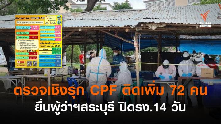 ตรวจเชิงรุก รง. CPF พบติดเพิ่ม 72 คน-เสนอผู้ว่าฯ ปิดเพิ่ม 14 วัน