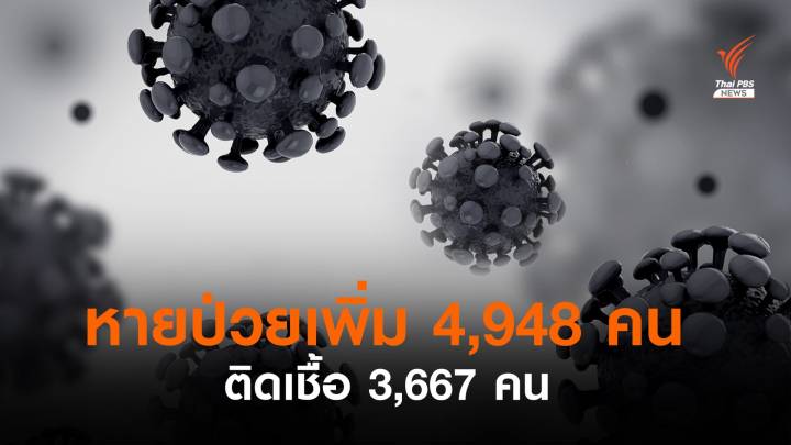 ไทยหายป่วยโควิดเพิ่ม 4,948 คน ติดเชื้อ 3,667 คน  