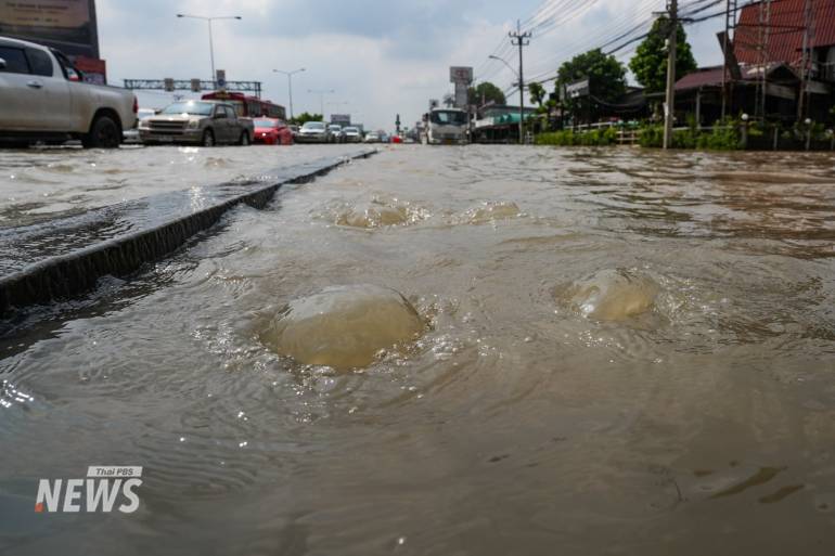 ตั้งแต่เวลา 9.00 น. เจ้าหน้าที่ตำรวจและกรมทางหลวง เข้าช่วยเหลือประชาชน ผู้ใช้เส้นทาง หลังน้ำทะเลหนุน เอ่อล้นท่วมถนนนครอินทร์ สะพานพระราม 5 ส่งผลให้การจราจรติดขัดอย่างหนัก เตือนรถเล็ก ควรหลีกเลี่ยงเส้นทางชั่วคราว