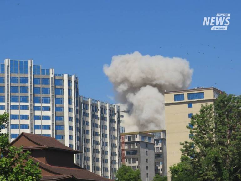 ภาพการระเบิดทำลายอาคาร 13 ชั้น ภายในบริเวณพื้นที่โครงการเขตเศรษฐกิจพิเศษ หย่างไถ้ หรือ ชเวโก๊กโก่