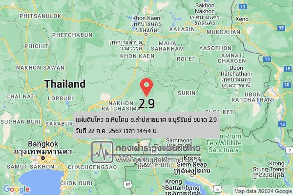 เวลา 14.54 น. (22 ก.ค.) เกิดเหตุแผ่นดินไหว บริเวณ ต.หินโคน อ.ลำปลายมาศ จ.บุรีรัมย์ ขนาด 2.9 ความลึกกว่า 1 กม.