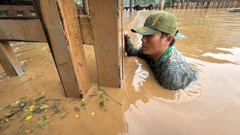 ควาญช้างช่วยกันอพยพช้างหนีน้ำท่วมสูงกว่า 1 เมตร (ภาพ แสงเดือน ชัยเลิศ-Saengduean Chailert) 