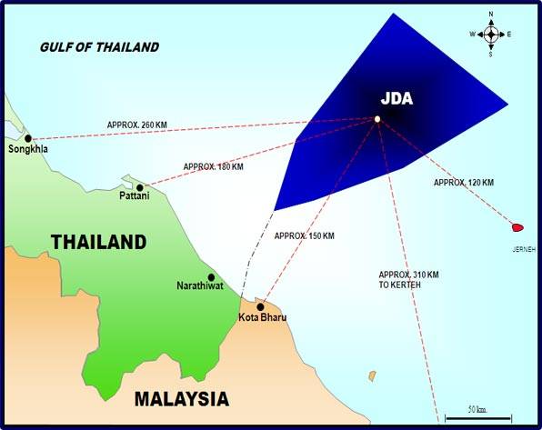 แผนที่แสดงพื้นที่การใช้ประโยชน์ร่วมระหว่างไทยและมาเลเซีย ที่มา :  MALAYSIA-THAILAND JOINT AUTHORITY (MTJA) 