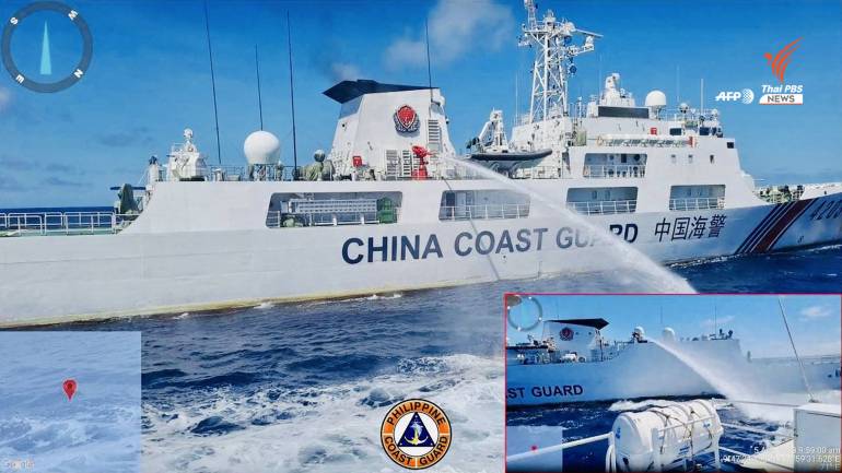 เรือหน่วยยามชายฝั่งจีนฉีดน้ำแรงดันสูงใส่เรือหน่วยยามชายฝั่งฟิลิปปินส์