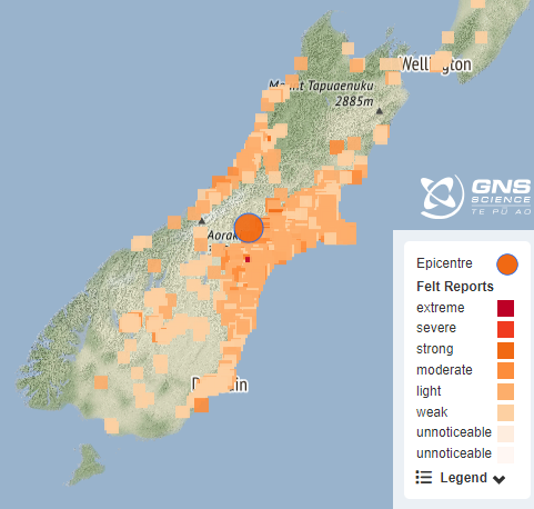 จุดแสดงอาฟเตอร์ช็อกหลังเกิดแผ่นดินไหวขนาด 6.2 ช่วงเช้าตามเวลาท้องถิ่นนิวซีแลนด์ ที่มา : GeoNet