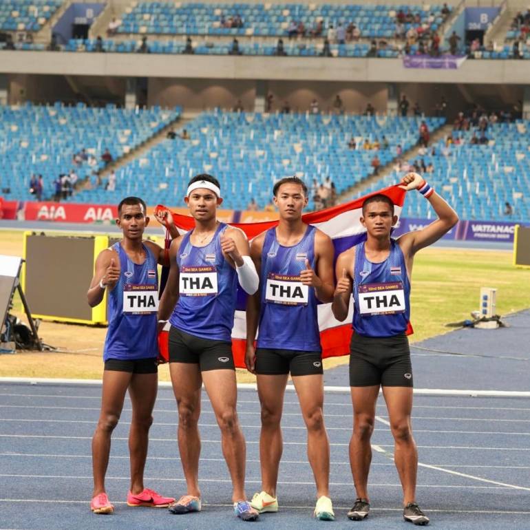 ทีมวิ่งผลัด 4x100 เมตรชาย สู้เต็มที่ ก่อนพ่ายอินโดฯไปอย่างเฉียดฉิว 
