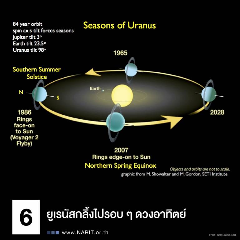 ดาวยูเรนัส ใช้เวลาถึง 84 ปีโคจรรอบดวงอาทิตย์ ช่วงฤดูร้อนจะมีดวงอาทิตย์อยู่บนท้องฟ้า 21 ปี และฤดูหนาวมืดมิดไร้ดวงอาทิตย์อีก 21 ปี