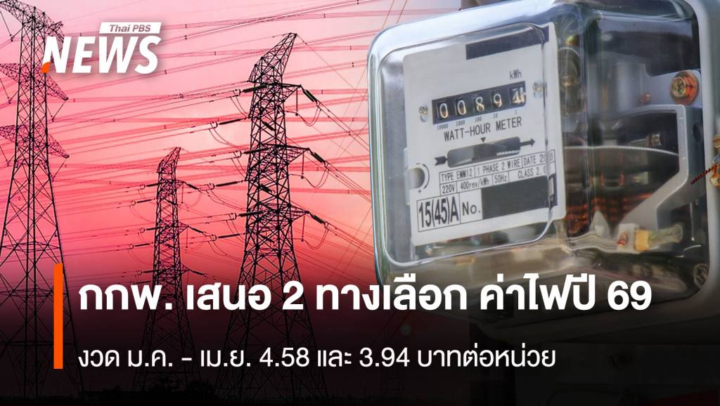 กกพ. เสนอ 2 ทางเลือก ค่าไฟปี 69 งวด ม.ค. &#8211; เม.ย. 4.58 และ 3.94 บาทต่อหน่วย